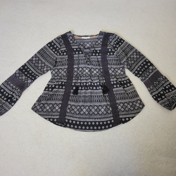 Hint Of Mint Sz L Peasant Boho Long Sleeve Pullover Top Crochet Lace Tassled - Picture 2 of 14